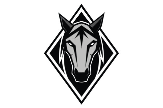A gray horse head faces forward, encased in black and white diamond vector