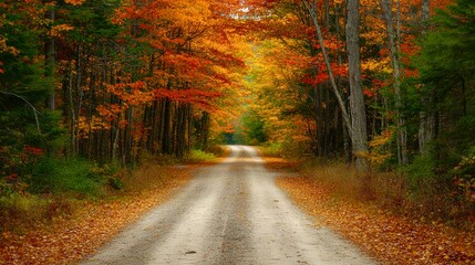 Obraz premium Autumn road leading through orange forest and bright leaves