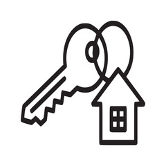 A simple line drawing of a key with a house shaped keychain on a plain white background design