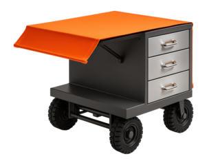 Railway workshop wagon with retractable side awning and tool storage compartments