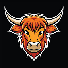 Highland Cow Head Illustration with Horns and Detailed Fur