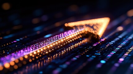 Glowing arrow on digital circuit board with purple and orange light effects, close-up macro photography showing technology advancement and digital transformation.