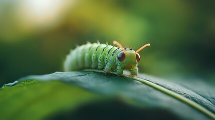 Macro photography of green caterpillar with distinctive orange antennae crawling on dark leaf surface against blurred natural background, showing intricate details and texture.
