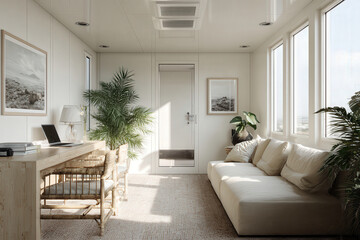 Fototapeta premium modern minimalist home office designed like space capsule featuring ecofriendly materials and ultrabright lighting