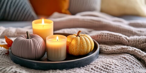 Autumn candles on brown knitted plaid cozy lifestyle scene