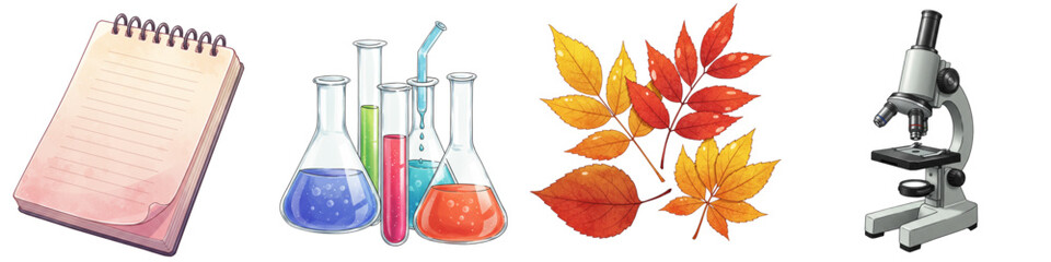 Fototapeta premium Set of isolated laboratory equipment with autumn leaves and notebook 