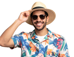Portrait of young man in tourist shirt, hat, and sunglasses cheerful vacation pose, isolated on a transparent background.