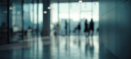 The blurred silhouettes of business professionals navigating a modern office space.
