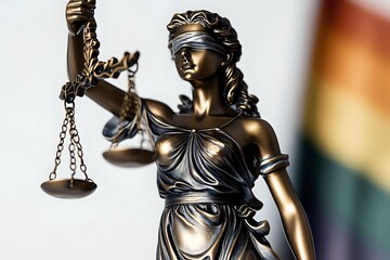 Obraz premium Bronze statue of Lady Justice holding scales against rainbow background, symbolizing equality and legal rights. Classical Themis sculpture represents law and order.