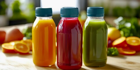 Assorted detox juice bottles with fresh vibrant produce