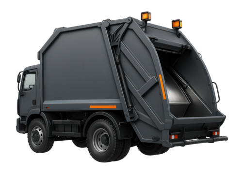Rear-loader garbage truck with open compactor and high-mounted lights