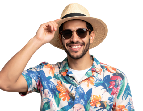 Portrait of young man in tourist shirt, hat, and sunglasses cheerful vacation pose, isolated on a transparent background.