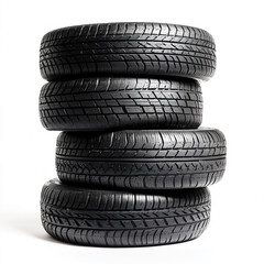 Stack of four black car tires on a white background rubber automotive
