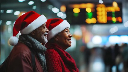 A senior African couple wearing Santa hats smiles together in a festive setting. They are dressed warmly, with a blurred background of holiday lights.