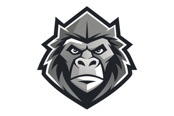 Gorilla Head Emblem Sharp Edges Isolated on White Background, Strong Animal Mascot