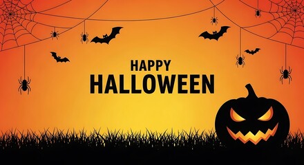 Happy halloween background with pumpkin, bats and spiders on orange background for holiday celebration