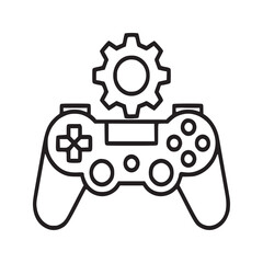 A line drawing of a game controller with a gear on top centered on a white background space