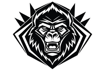 Obraz premium Geometric Gorilla Head Roaring in Black and White on a White Background Design