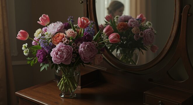 Elegant bouquet of mixed pink blooms in glass vase on wooden dresser, soft room light, romantic decor detail. Suits florists, wedding invites, lifestyle headers