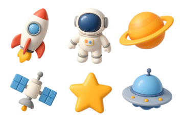 Cartoon space objects astronaut rocket planet satellite... isolated on a transparent background