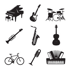 Set of musical instrument icons including piano, guitar, violin, saxophone, accordion, drums, and bicycle silhouette isolated on white background