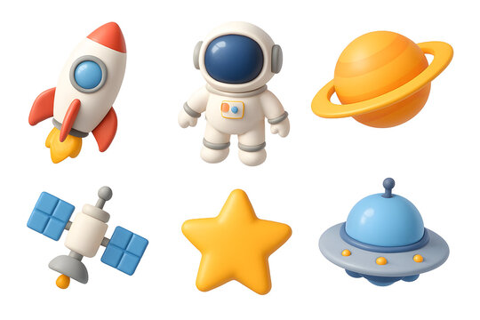 Cartoon space objects astronaut rocket planet satellite... isolated on a transparent background