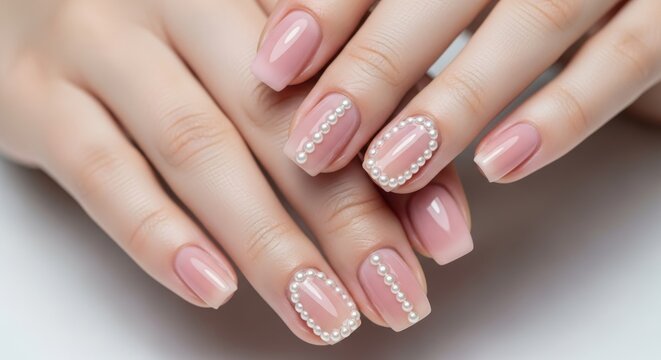 Woman's hands showing elegant natural pink manicure with decorative white pearl nail art on nails