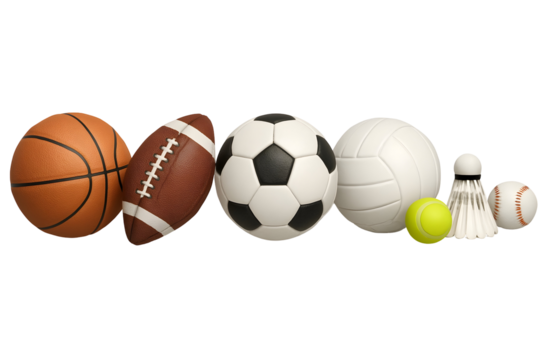Basketball football soccer volleyball tennis shuttlecock... isolated on a transparent background