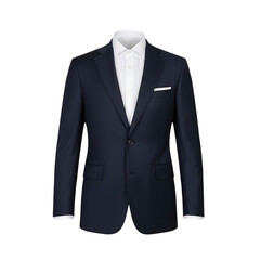Dark navy blue men's suit jacket with white dress shirt and white pocket square isolated on a transparent background