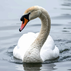 Obraz premium A graceful swan glides on water, its curved neck and distinctive bill adding to its elegance. White plumage contrasts with the gray ripples