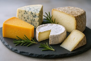 Elegant Cheese Board Featuring Brie, Cheddar, and Blue Cheese Varieties for Gourmet Food Photography