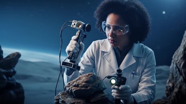 Lunar Scientist Examines Rocks on Moon Surface with Scientific Tools in Space Environment