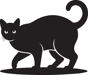 Obraz premium A cute black cat silhouette is sitting in a cartoon illustration, with a tiny mouse nearby
