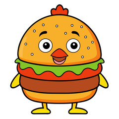  cartoon illustration of a chicken burger character with a hamburger bun as its head