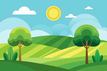 Vector illustration of a stylized, cheerful landscape