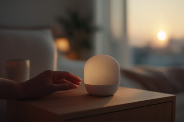 Hand Reaching to Adjust White Noise Machine in Cozy Hotel Room at Sunset