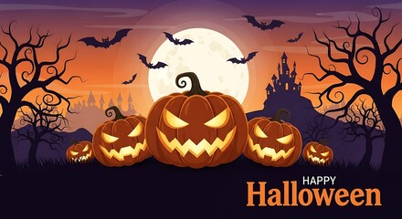 Happy halloween night landscape with pumpkins, moon, bats and castle in the background