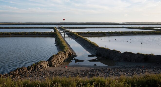 Salt ponds divided by narrow levees under calm sky, reflective water surfaces, aquaculture and irrigation theme, tranquil landscape, wide space for copy