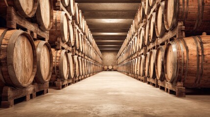 Warehouse Interior Featuring Rows of Stacked Wooden Barrels, Ideal for Wine, Whiskey or Spirits Aging