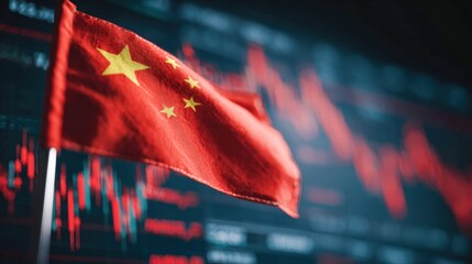 China's Financial Instability: Flag Against Declining Stock Market Chart Indicating Economic Challenges and Investment Risks