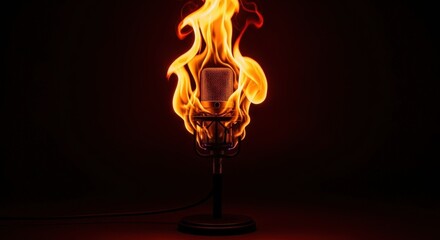Dramatic Microphone on Fire with Intense Flames and Dark Background