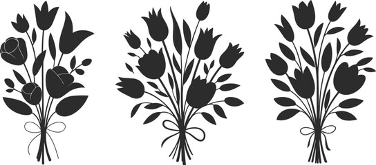 Elegant tulip flower bouquet silhouette, black floral design, spring wedding decor, botanical vector illustration, romantic nature clipart art