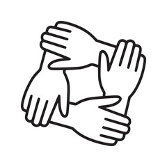 A group of four hands connected together in a circle shape on a white isolated background art work