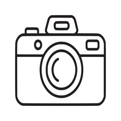 A simple line drawing of a camera with a lens flash and shutter button on a white background image