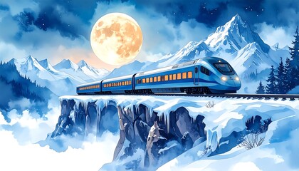 Scenic train journey through snowy mountains at night