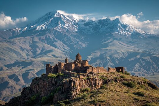 Historic monastery sits atop a hill surrounded by majestic snow-capped mountains in daylight - Powered by Adobe