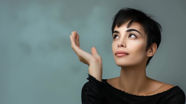 A beautiful young woman with short pixie cut gazes upward with thoughtful expression. Her hand is raised as if she's about to touch something. She wears black top against solid backdrop