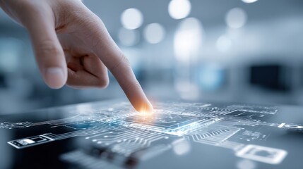 Futuristic Touch Interface: Hand Interacting with Advanced Technology and Digital Circuitry in a Modern Environment