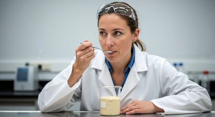 Food scientist tasting sample in sterile lab, quality control, safety and flavor evaluation, clean equipment, innovation focus, calm professional portrait, room for copy