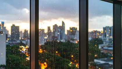 Rain-streaked window view of a city skyline at dusk